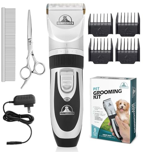 Pet Union Professional Dog Grooming Kit - Rechargeable, Cordless Pet Grooming Clippers & Complete Set of Dog Grooming Tools. Low Noise & Suitable for Dogs, Cats and Other Pets (Stainless Steel)