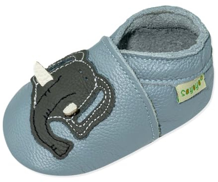 SAYOYO Krabbelschuhe Baby Lauflernschuhe für Kleinkinder Weiche Leder mit Rutschfester Sohle Lederschuhe Jungen Mädchen Babyhausschuhe, 24-36 Monate, Blau Elefant