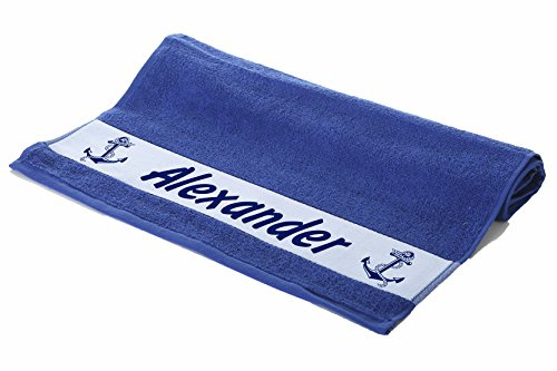 Unikatolo Badetuch mit Name Bedruckt, Strandtuch 140 x 70 cm, Motiv Maritim Anker Farbe blau, Royalblau, Duschtuch, Strandtuch, Matrose, Kreuzfahrt, Urlaub, Geburtstag, Segeln, Yacht