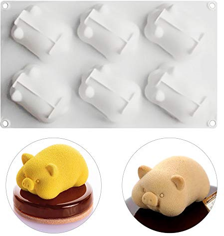 6 Cavity 3D Pig Mousse Cake Baking Pan Cute Piggy Silicone Mold for French Dessert Soap Lotion Bar Plaster Chocolate Candy Mould Cupcake Butter Jello Ice Cube Tray