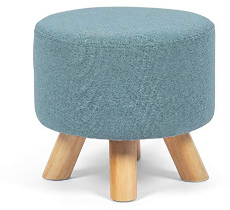 Asense Small Round Ottoman Foot Rest Stool Fabric Padded Seat Footstool Ottoman with Anti-Slip Wooden Legs (Light Blue,Fabric)
