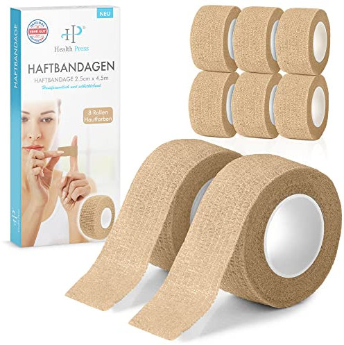 Health Press® Fingerpflaster Selbsthaftend – 8x Pflaster Rolle (2,5cm x 4,5m) – Verband Selbstklebend – Elastisches Tape wasserfest – Staub-, Fett- & Schmutzabweisendes Pflasterband (Beige, 8 Rollen)