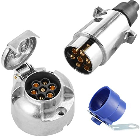 SPARKMOTO Prise Remorque 7 Broches Métal Et fiche Remorque 7 Broches Métal,12V Connecteur remorque 7 Broches Étanche pour Remorque Voiture, Porte-vélos,avec Support de fiche Remorque Bleu(SKM0701B)