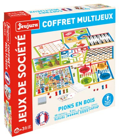Jeujura - Coffret multijeux de Societe - Jeu Enfant dès 3 Ans - 8457 | Pions en bois - 12 jeux dont Yam, 421, dames et backgammon - Grand coffret de jeux familial - Idée cadeau enfant
