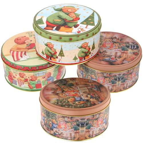 Angoily 4 barattoli rotondi vintage per biscotti natalizi, in metallo, con coperchio, per conservare caramelle, biscotti, dolcetti, piccoli (stile casuale)