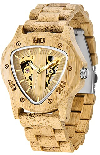 Dentily Men's Wooden Watch Triangle Skeleton Automatic Watch Mechanical Wood Watches for Men