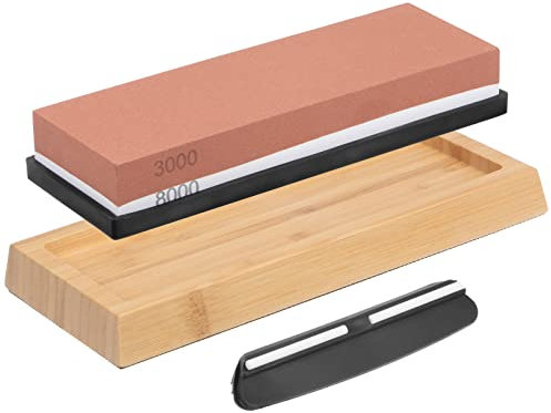 sourcing map Sharpening Stone Set 3000/8000 Grit Dual Sided Whetstone Sharpening Kit with Non-Slip Bamboo Base, Angle Guide, 1 Set(4pcs)