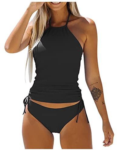 Générique Maillot De Bain Grande Taille Femme Bandeau pour Cacher Le Ventre Tankini Sexy Grande Taille Forte Poitrine Sculptant Bas Retro Natation Triangle(02Noir,L)