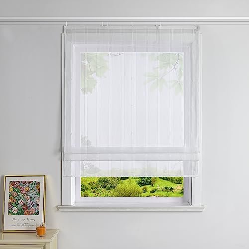 Heichkell Leinenoptik Raffrollo ohne Bohren Transparent Vorhang Landhaus Raffgardine Unifarbene Gardine Weiß mit Klettband BreitexHöhe 80x140 cm