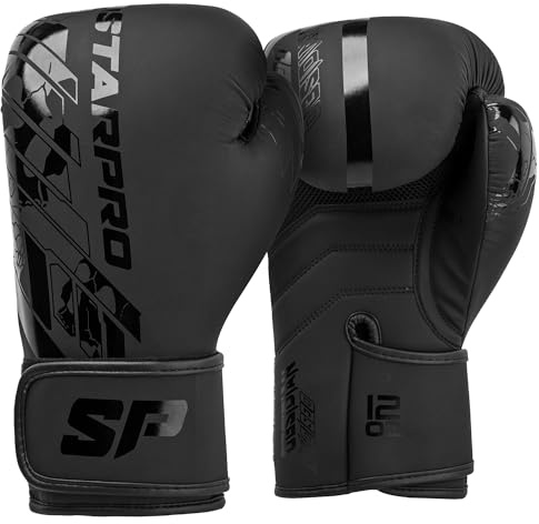 Starpro Guantoni da boxe Obsidian Nero Opaco - Pelle Fuax - Guanti da allenamento, sparring e kickboxing per uomini e donne - 8oz 10oz 12oz 14oz 16oz