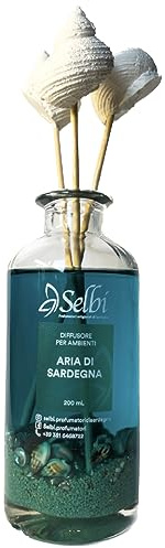 Profumatore ambienti all'Aria di Sardegna da 200 ml, profumazione fresca e rigenerante, diffusore con bastoncini in rattan e conchiglie in gesso