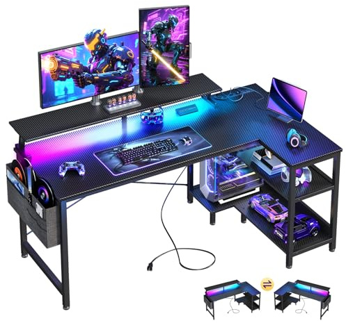 ODK 48 Inch Gaming Desk with USB Charging Ports and LED Lights, Reversible L Shaped Computer Desk with Storage Shelves & Monitor Stand, Corner Gamer Desk Table with Power Outlets, Black