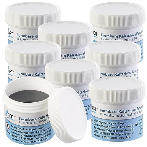 AGT Kaltschweißpaste Metall: 8er-Set Kaltschweißmasse für Metall, hitzebeständig bis 1.100 °C (Flüssigmetall temperaturbeständig, Hochtemperatur Metallkleber, Gusseisen)