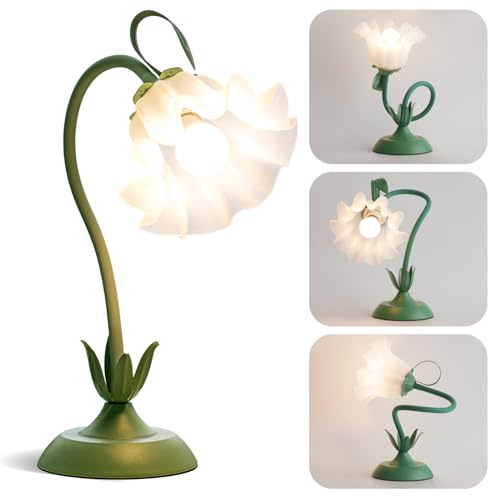 WERFOP Flower Table Lamp, LED Reading Light Vintage Bedside Table Lamp with 3 Color Modes for Nightstand, Kawaii Decoration for Home Bedroom Living Room (Green)