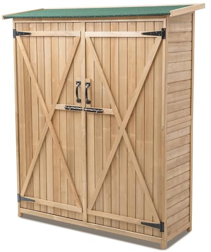 RELAX4LIFE Armadio da Esterno/Capanno Cassetta da Giardino 140×50×162 cm, da 1,1 m³ con 3 Ripiani e 2 Porte con Serratura/Chiavistelli, in Legno, Tetto Antipioggia