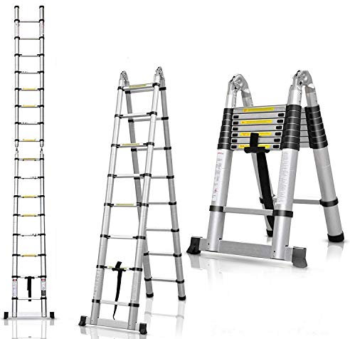 Scala telescopica pieghevole da 5 m, con gomma antiscivolo, multiuso allungabile, 150 kg, in alluminio