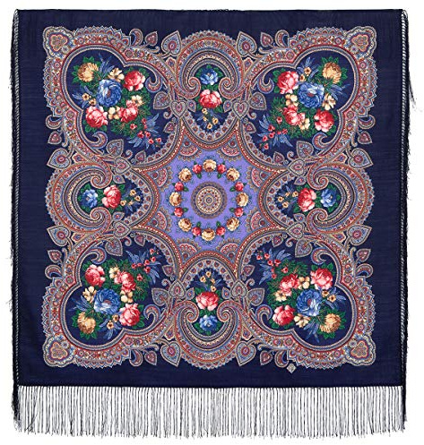 Fashion Pavlovo Posad Shawl Manufactory Damen Schal Schultertuch Umschlagtuch Fransentuch Sommer-Date Stola Damen Wolle 89x89 cm (Blau)