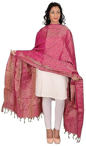 Fashtastic Women's & Girls Golden Zari Jacquard Banarsi Silk Dupatta (Tassels are Made by Hand) (Rani Pink)