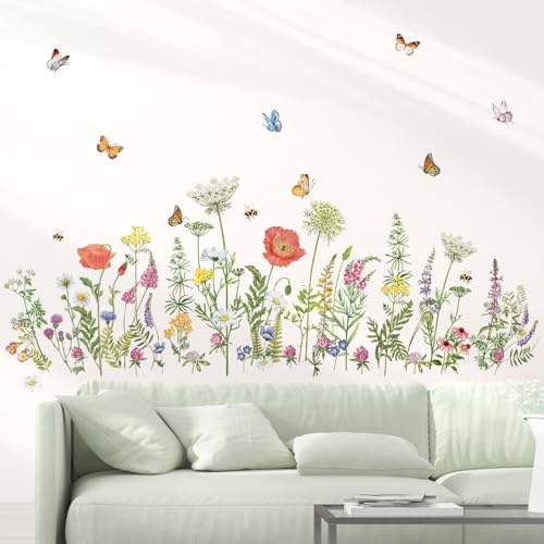 decalmile Wildflower gräs väggklistermärken trädgård blomma fjärilar väggdekaler vardagsrum flickor sovrum kontor väggdekor