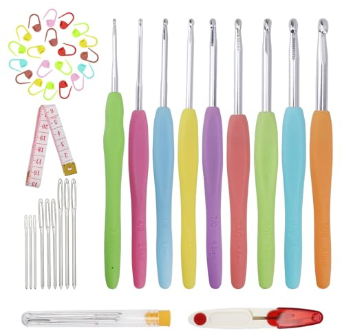 9 Piezas Agujas de Mango de Goma de Agarre Suave de Aluminio con 12 Marcadores de Puntada de Bloqueo de Ganchillo de Tejer 2 mm 2,5 mm 3 mm 3,5 mm 4 mm 4,5 mm 5 mm 5,5 mm 6 mm
