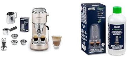 De'Longhi Dedica Arte EC 885.BG, Espresso Siebträgermaschine, Espressomaschine mit MyLatteArt Milchschaumdüse, kompaktes Design, 15 cm Breit, E.S.E Pads Geeignet, Beige mit DLSC 500 Entkalker