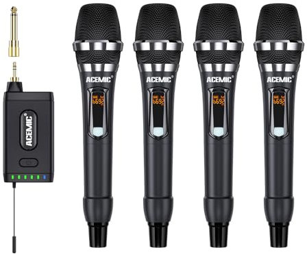 ACEMIC UHF Wireless Microphone System, 4 Handheld Dynamic Mic Set with Receiver, 4 Channel Cordless Mics for Karaoke, DJ, Wedding, Church, Speech, Q4