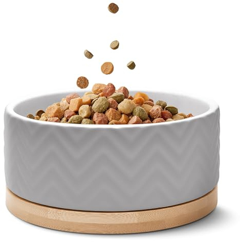 FREUDENTIER Hundskål av keramik med bambumas botten – 990 ml – halkfri och diskmaskinssäker – modern foderskål/matskål för stora hundar och små hundar – skålar hund (vit, 1 x)