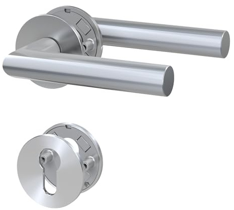 BASI | Drücker-Garnitur aus Edelstahl | BB/PZ/WC/Bad | mit 3 mm Magnet Flachrosette | Für Zimmertüren Innentüren mit Profilzylinderlochung | Rosettengarnitur | Türstärken 25-65 mm