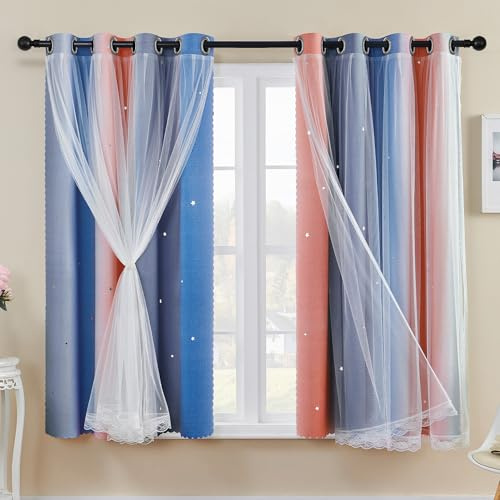 XiDi Verdunkelungsvorhänge mit Netz 137 cm Drop Hollow Out Star Pattern Mix Weiß Voile Kurze transparente Vorhänge mit Ösen für Kinder Teenager Schlafzimmer