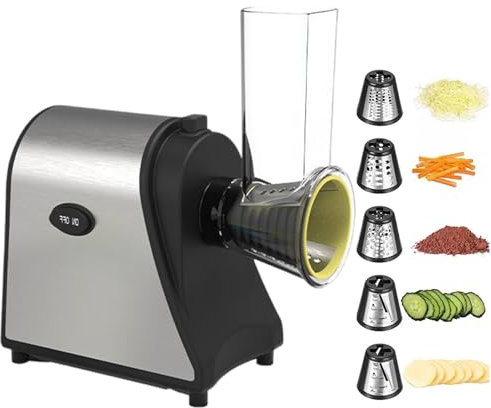 pedenencelia Grattugia Elettrica Formaggio,Affettatrice Elettrica 250 W,Grattugia Insalata,con 5 Lame,Design Staccabile,Interruttore One Touch,per Zucchine,Formaggio,Verdure E Frullati