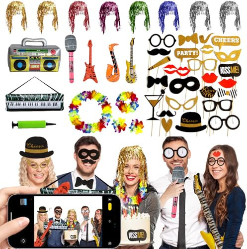 Fosoloni Deko Fotobox Accessoires, 45 Stück Photo Requisiten für Party, Hochzeit, Photobooth Props, Halloween, Weihnachten, Tischdeko Geburtstag, Karneval, Silvester