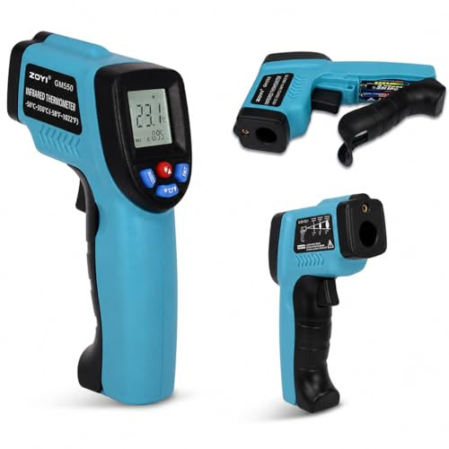 ZOYI Infrared Thermometer Gun -50°C to 550°C IR Laser Temperature Tester | Adjustable emissivity, 12:1 spot ratio, backlit LCD and high/low alarm for cooking, BBQ, pizza oven, HVAC and industrial use