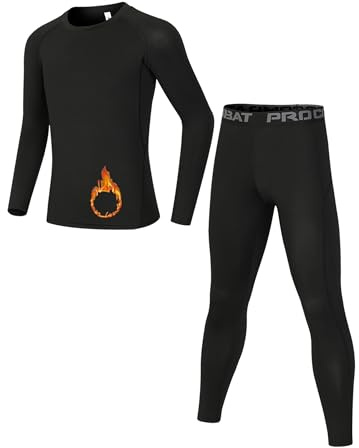 Dtone Kids Athletic Base Layer Set Boys Thermal Long Sleeve Top and Leggings for Football Sport Ski Fleece Black 10-11 Years