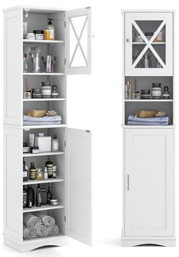 COSTWAY Mobile Bagno 40 x 30 x 170,5cm, Armadietto a Colonna Stretto e Alto con 5 Ripiani Regolabili e 2 Porte, Armadio da Terra in Legno per Soggiorno, Camera da Letto, Salotto e Cucina (Bianco)