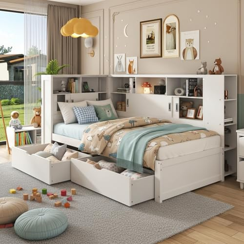 RIAZOS Platform Bed with Trundle & Bookcase & USB, Single Bed-3ft(90 * 190cm), Household Bed, Multifunctional Bed,With 2 Storage Drawers, Dust-Proof Cabinet and Shelves, Large Storage Space,White