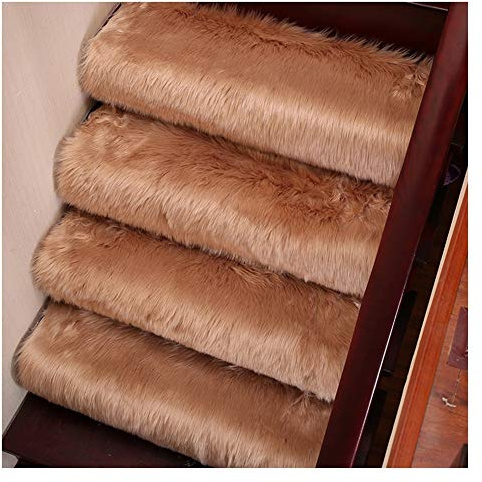 Alfombra antideslizante para escalera, alfombra de pelo largo, alfombra protectora para interiores, lana artificial, color café, 65 cm x 24 cm
