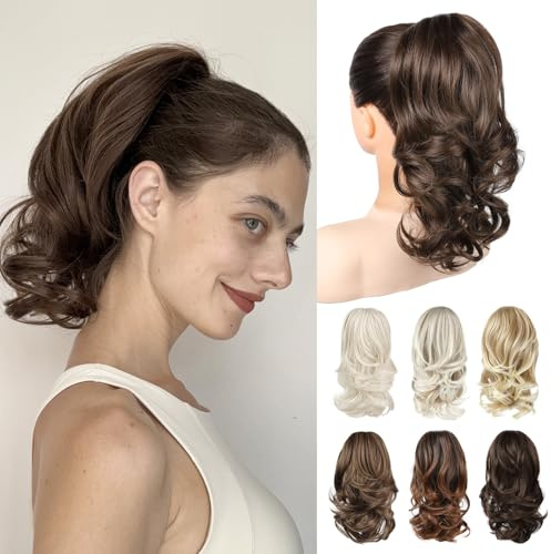 REECHO Ponytail Extensions, 14 Claw Clip in Ponytail Hair Extensions Curly Wavy Clip in Ponytail Natural Synthetic Fake Pony Tail Hair Pieces for Women