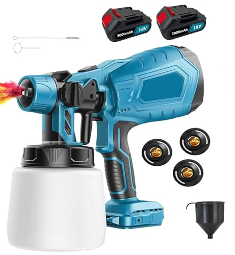 Kabellos Akku Farbsprühsystem, Upgrade Kompatibel mit Makita 18V Akkus, Elektro Lackierpistole mit 3 Düsen, 3 Spritzmuster,mit Abnehmbarem 1000ml-Farbeimer, zum Streichen(2x3000mAh Akku)