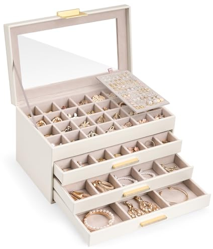 Lolalet Earring Storage Box Case with Glass Top, Large Earring Jewelry Holder Organizer Display with Drawer and Grid, Mothers Day Gifts -4 Tiers, Cloud White