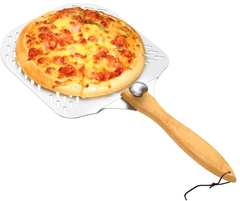 Pelle à pizza perforée de 30 cm en aluminium et métal avec poignée en bois - Accessoire de four à pizza résistant à la corrosion - - Pour la cuisson, la pizza, le pain, les gâteaux, les