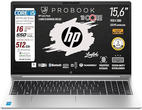 HP 450 G10 Pc Portatile, Intel i5-1334U 10Core, Ram 16Gb, SSD da 512Gb (2 X 256 Gb), IPS FHD 15.6, Wi-Fi6, Lan, Tastiera retroilluminata, fingerprint, Win 11Pro, 3 anni di garanzia, Pronto all'uso