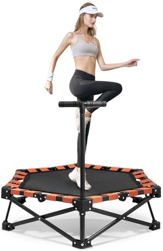 Sararoom 42'' Foldable Fitness Trampoline with 104-114cm Height Adjustable Handle, Rebounder with Silent Anti-Slip Foot Pads, Indoor/Outdoor Mini Trampoline Fitness Adults, 150kg Capacity