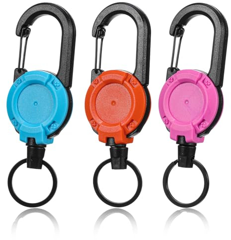 3 Pcs Heavy Duty Retractable Keychain, Retractable Keychain 60 cm Steel Cord for Badge Holder, ID Reel, Key Ring Clip, Carabiner & Multitool Use