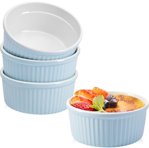 NUTRIUPS 14 oz Ramekins Oven Safe Set of 4 Blue, 5 Inch Ceramic Creme Brulee Souffle Dishes (Blue, 14oz)