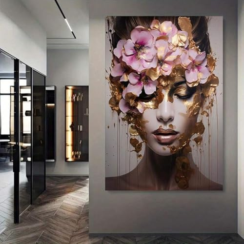 XBTYKPB Abstrakter Kunstdruck auf Leinwand, goldhaarige Frau mit floralem Kopfschmuck, Kunstdrucke mit Aquarellmalerei, für Schlafzimmer, Dekoration, 70 x 100 cm, mit Rahmen