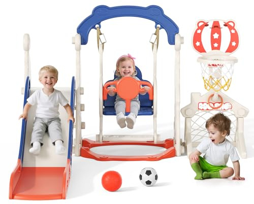 Toboggan 6 en 1 pour Tout-Petits, Toboggan intérieur et extérieur pour Enfants avec Panier de Basket, balançoire, Ballon de Football, Lancer d'anneaux, Aire de Jeux autoportante pour l'arrière-Cour