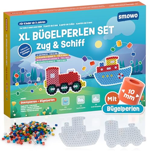 Smowo 10 mm järnpärlor, set med tåg och båt, låsplattor – kreativt set med 2 plattor, pärlor och mallar – stora maxi-stiftplattor för barn från 3 år
