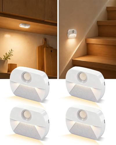 AdalyRoma Batterie Nachtlicht mit Bewegungsmelder, 4 Stück, Warmweiß | Auto Ein/Aus Sensor Licht, Geeignet für Treppen, Geeignet für Schlafzimmer, Geeignet für Küchen, Geeignet für Kleiderschränke