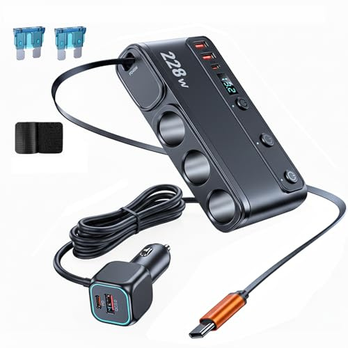 228W Car Charger Cigarette Lighter Splitter with Retractable USB-C Cable, 9-in-1 Multi-Port Car Power Adapter, Dual PD Fast Charging, LED Voltmeter for 12V–24V Vehicles