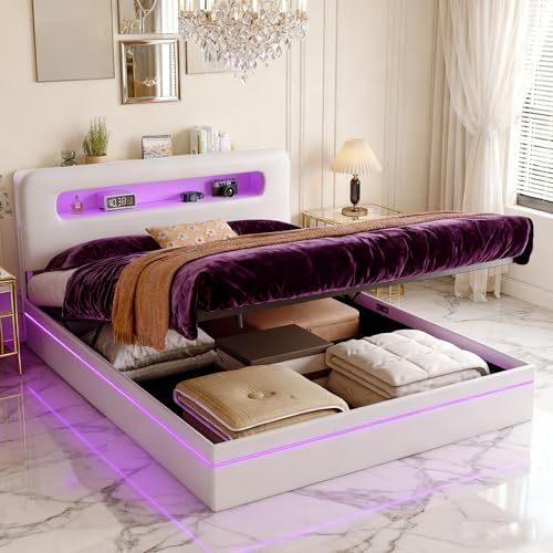 BRYXR Bett 140x200, Doppelbett mit LED Beleuchtung, Polsterbett mit Hydraulischem Stauraum, Kopfteil mit Staufach, Jugendbett, Funktionsbett, Bettgestell mit Lattenrost, Beige Samt, Ohne Matratze